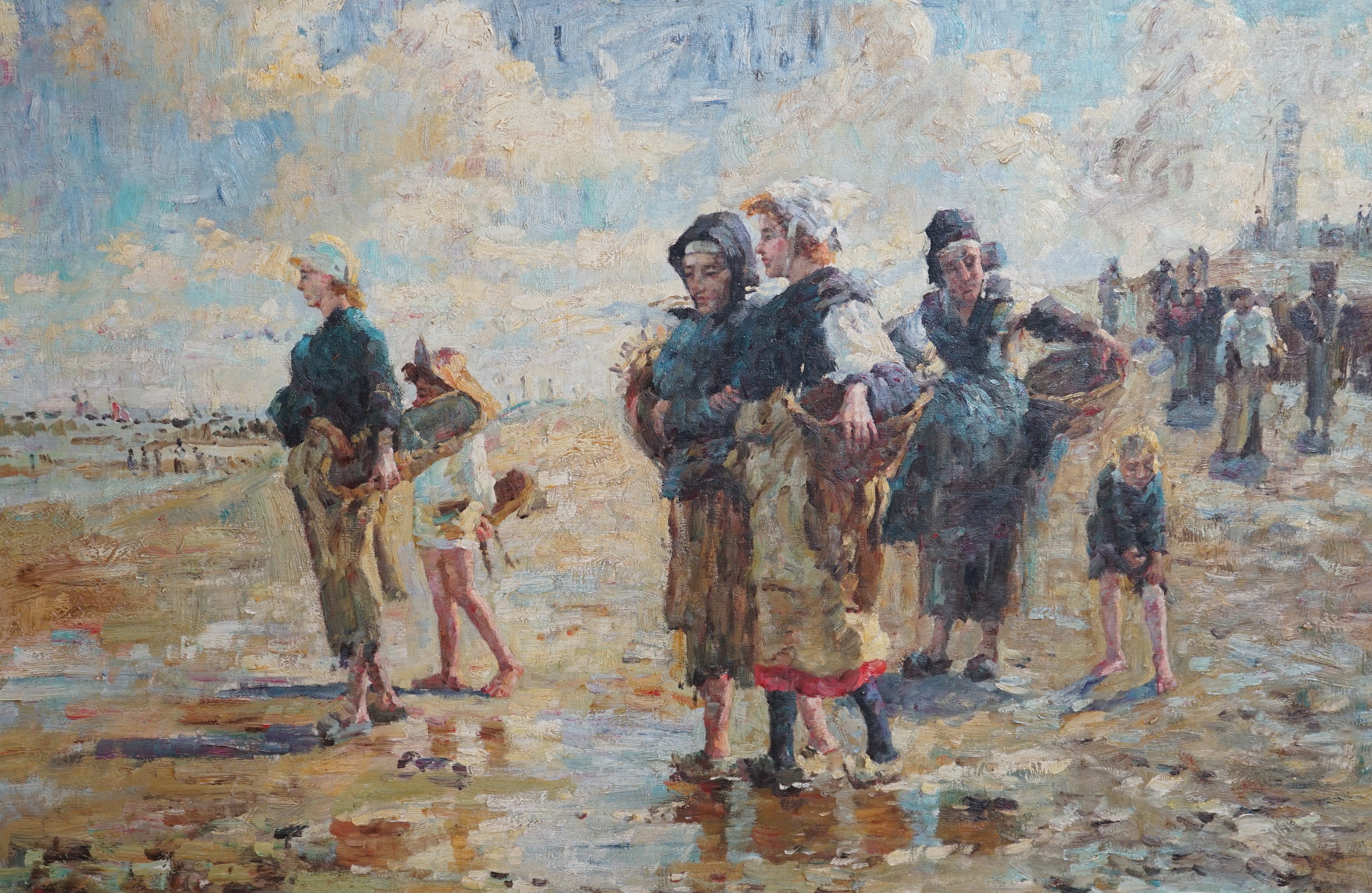 Modern British, oil on board, Beach scene, 59 x 90cm. Condition - good